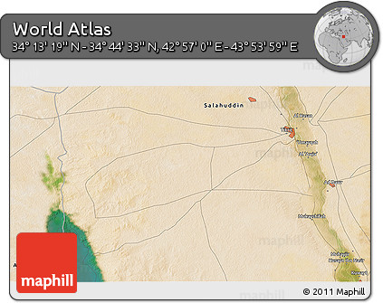 Satellite 3D Map of the Area around 34° 28' 56" N, 43° 25' 29" E