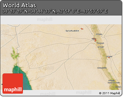 Satellite 3D Map of the Area around 34° 28' 56" N, 43° 25' 29" E