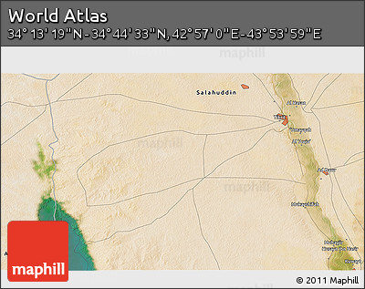 Satellite 3D Map of the Area around 34° 28' 56" N, 43° 25' 29" E