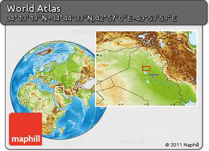 Physical Location Map of the Area around 34° 28' 56" N, 43° 25' 29" E