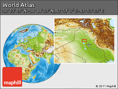 Physical Location Map of the Area around 34° 28' 56" N, 43° 25' 29" E