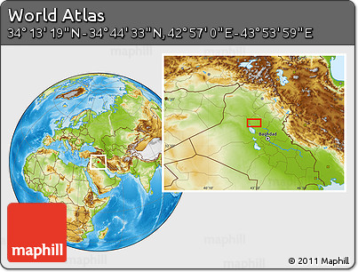 Physical Location Map of the Area around 34° 28' 56" N, 43° 25' 29" E