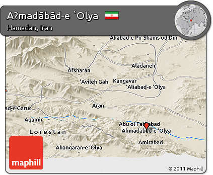Shaded Relief Panoramic Map of Aḩmadābād-e `Olya