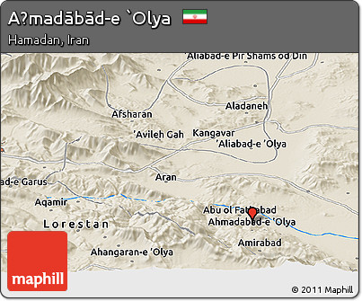Shaded Relief Panoramic Map of Aḩmadābād-e `Olya