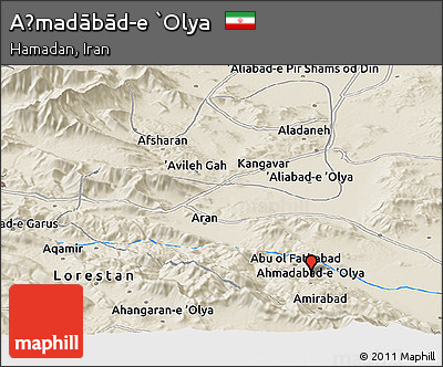 Shaded Relief Panoramic Map of Aḩmadābād-e `Olya