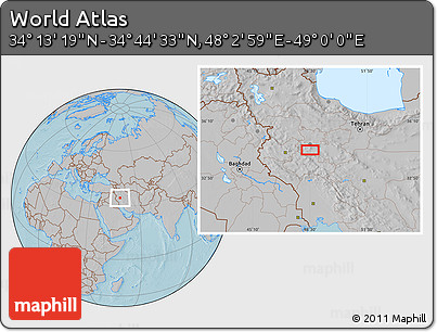 Gray Location Map of the Area around 34° 28' 56" N, 48° 31' 29" E, hill shading