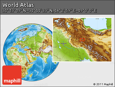 Physical Location Map of the Area around 34° 28' 56" N, 48° 31' 29" E