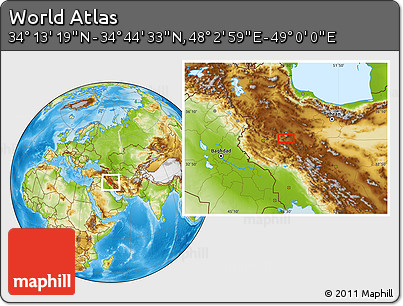 Physical Location Map of the Area around 34° 28' 56" N, 48° 31' 29" E