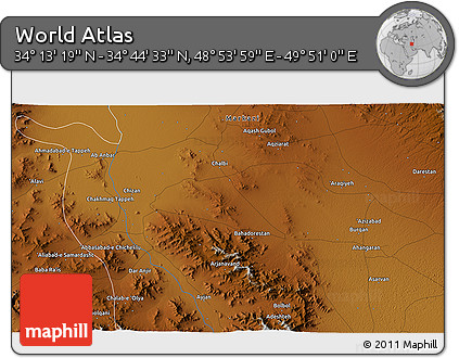 Physical 3D Map of the Area around 34° 28' 56" N, 49° 22' 30" E