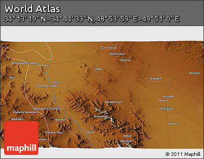 Physical 3D Map of the Area around 34° 28' 56" N, 49° 22' 30" E