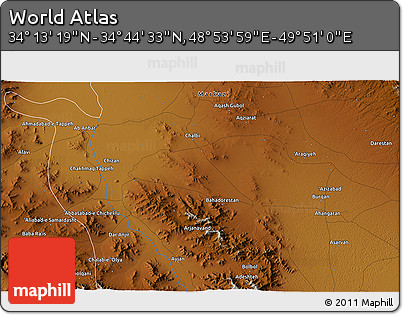 Physical 3D Map of the Area around 34° 28' 56" N, 49° 22' 30" E