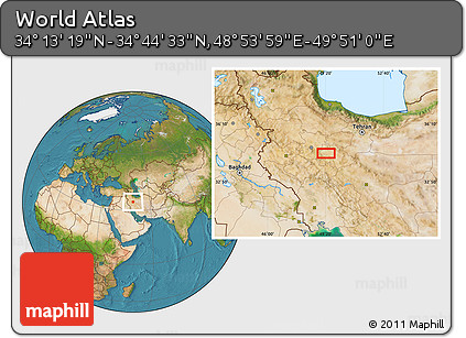 Satellite Location Map of the Area around 34° 28' 56" N, 49° 22' 30" E