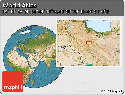 Satellite Location Map of the Area around 34° 28' 56" N, 49° 22' 30" E