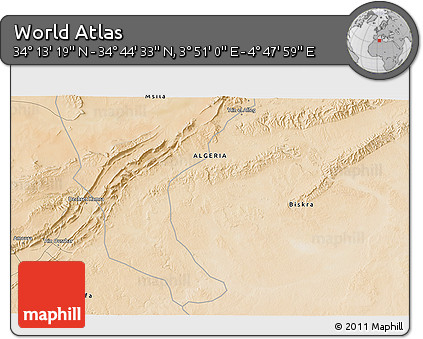 Satellite 3D Map of the Area around 34° 28' 56" N, 4° 19' 30" E