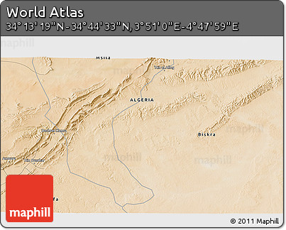 Satellite 3D Map of the Area around 34° 28' 56" N, 4° 19' 30" E