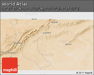Satellite 3D Map of the Area around 34° 28' 56" N, 4° 19' 30" E
