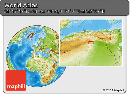 Physical Location Map of the Area around 34° 28' 56" N, 4° 19' 30" E