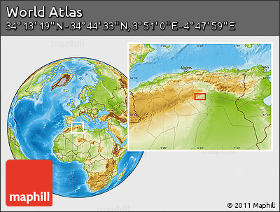 Physical Location Map of the Area around 34° 28' 56" N, 4° 19' 30" E