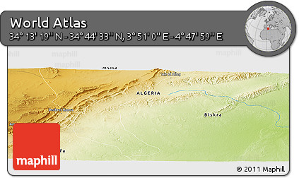 Physical Panoramic Map of the Area around 34° 28' 56" N, 4° 19' 30" E