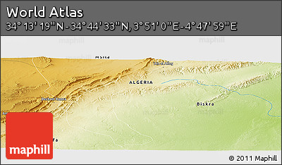 Physical Panoramic Map of the Area around 34° 28' 56" N, 4° 19' 30" E