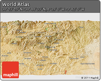 Satellite 3D Map of the Area around 34° 28' 56" N, 4° 10' 30" W