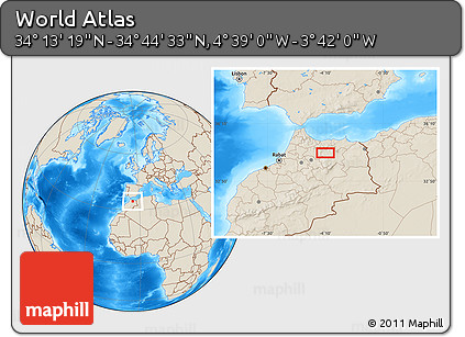 Shaded Relief Location Map of the Area around 34° 28' 56" N, 4° 10' 30" W