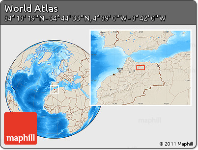 Shaded Relief Location Map of the Area around 34° 28' 56" N, 4° 10' 30" W