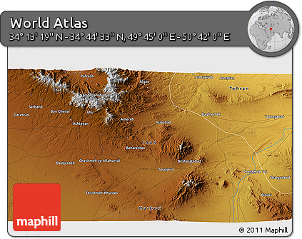 Physical 3D Map of the Area around 34° 28' 56" N, 50° 13' 30" E