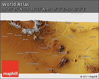 Physical 3D Map of the Area around 34° 28' 56" N, 50° 13' 30" E