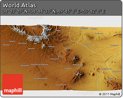 Physical 3D Map of the Area around 34° 28' 56" N, 50° 13' 30" E