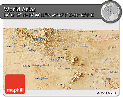 Satellite 3D Map of the Area around 34° 28' 56" N, 50° 13' 30" E