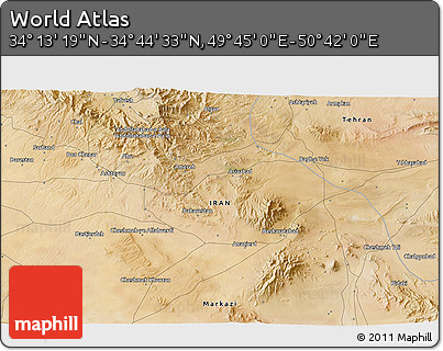 Satellite 3D Map of the Area around 34° 28' 56" N, 50° 13' 30" E