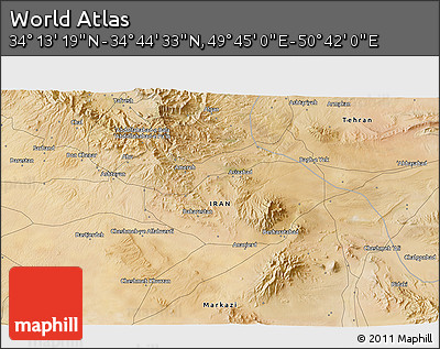 Satellite 3D Map of the Area around 34° 28' 56" N, 50° 13' 30" E