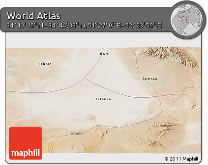 Satellite 3D Map of the Area around 34° 28' 56" N, 51° 55' 29" E