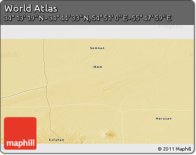 Physical 3D Map of the Area around 34° 28' 56" N, 55° 19' 30" E