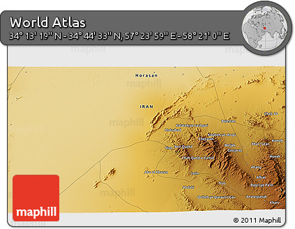 Physical 3D Map of the Area around 34° 28' 56" N, 57° 52' 30" E