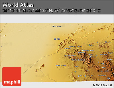 Physical 3D Map of the Area around 34° 28' 56" N, 57° 52' 30" E