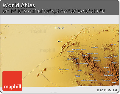 Physical 3D Map of the Area around 34° 28' 56" N, 57° 52' 30" E