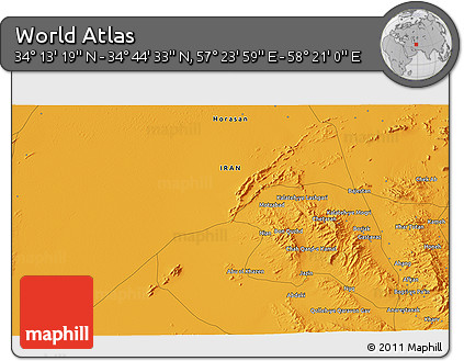 Political 3D Map of the Area around 34° 28' 56" N, 57° 52' 30" E