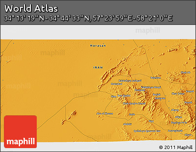 Political 3D Map of the Area around 34° 28' 56" N, 57° 52' 30" E