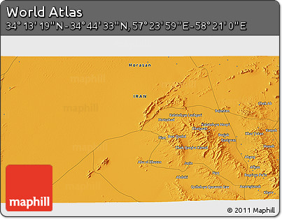 Political 3D Map of the Area around 34° 28' 56" N, 57° 52' 30" E