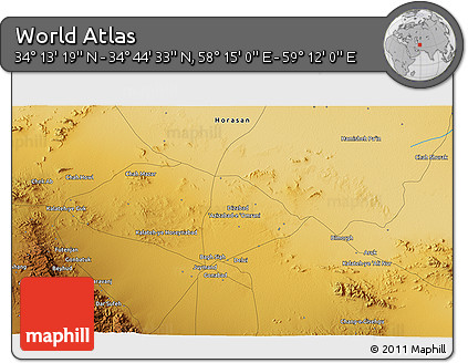 Physical 3D Map of the Area around 34° 28' 56" N, 58° 43' 30" E
