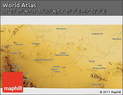 Physical 3D Map of the Area around 34° 28' 56" N, 58° 43' 30" E