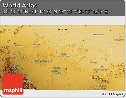 Physical 3D Map of the Area around 34° 28' 56" N, 58° 43' 30" E
