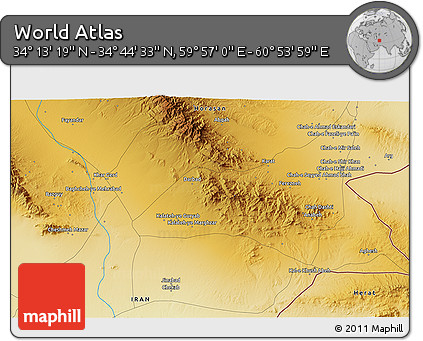 Physical 3D Map of the Area around 34° 28' 56" N, 60° 25' 29" E