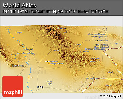 Physical 3D Map of the Area around 34° 28' 56" N, 60° 25' 29" E