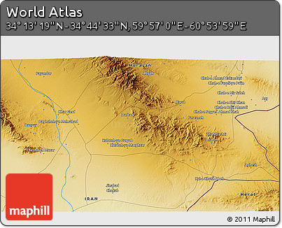 Physical 3D Map of the Area around 34° 28' 56" N, 60° 25' 29" E