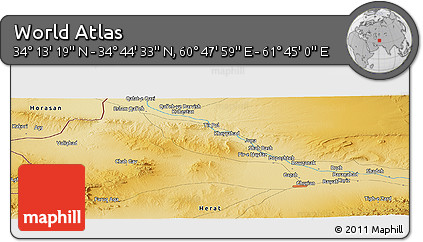 Physical Panoramic Map of the Area around 34° 28' 56" N, 61° 16' 29" E