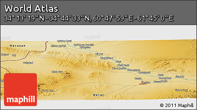 Physical Panoramic Map of the Area around 34° 28' 56" N, 61° 16' 29" E