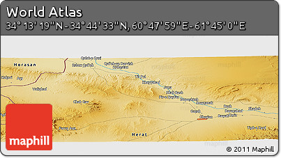 Physical Panoramic Map of the Area around 34° 28' 56" N, 61° 16' 29" E